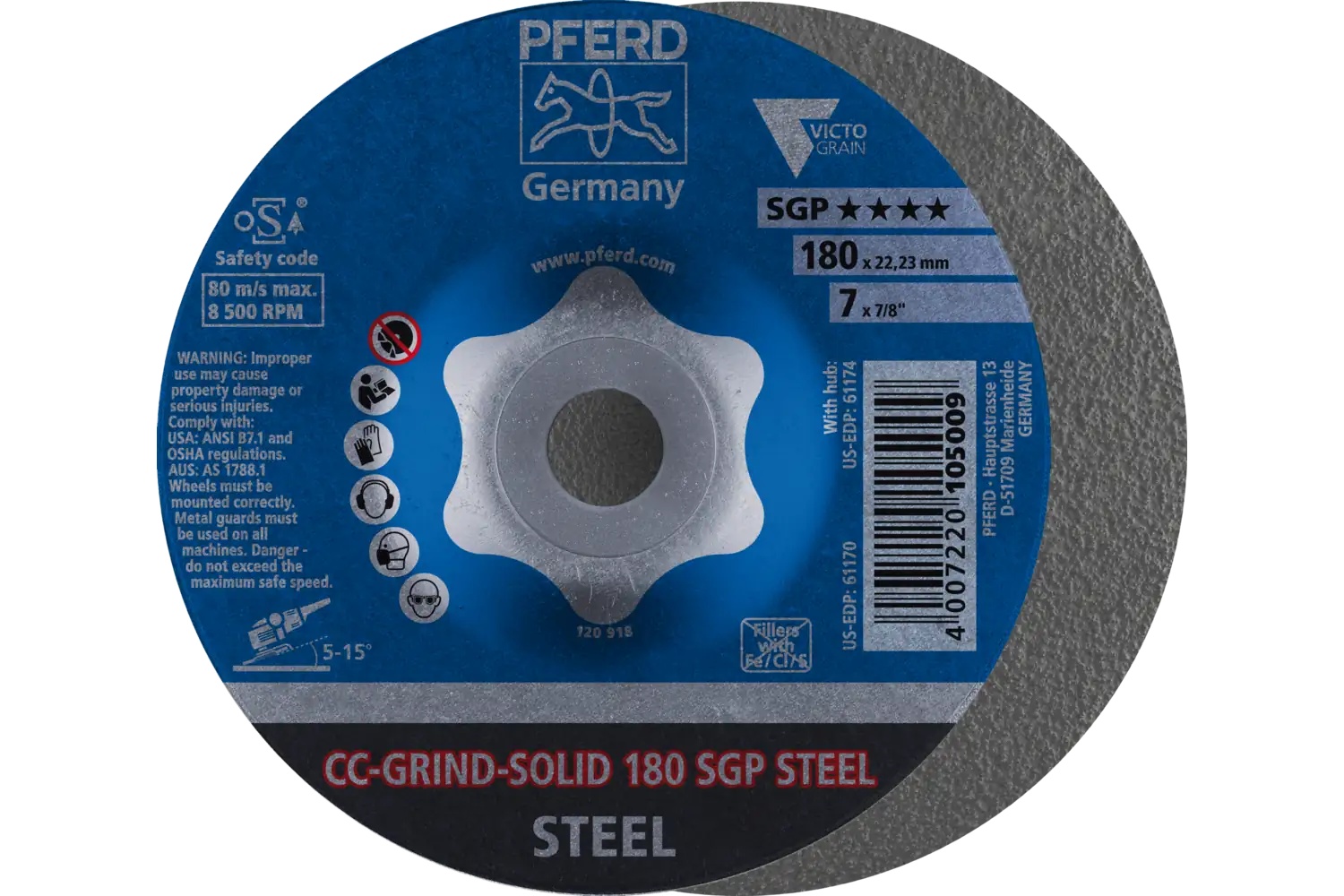 Picture of Pferd Grinding disc, CC-Grind®-Solid, 7" x 5/8-11, SGP Steel Victograin®, Ceramic